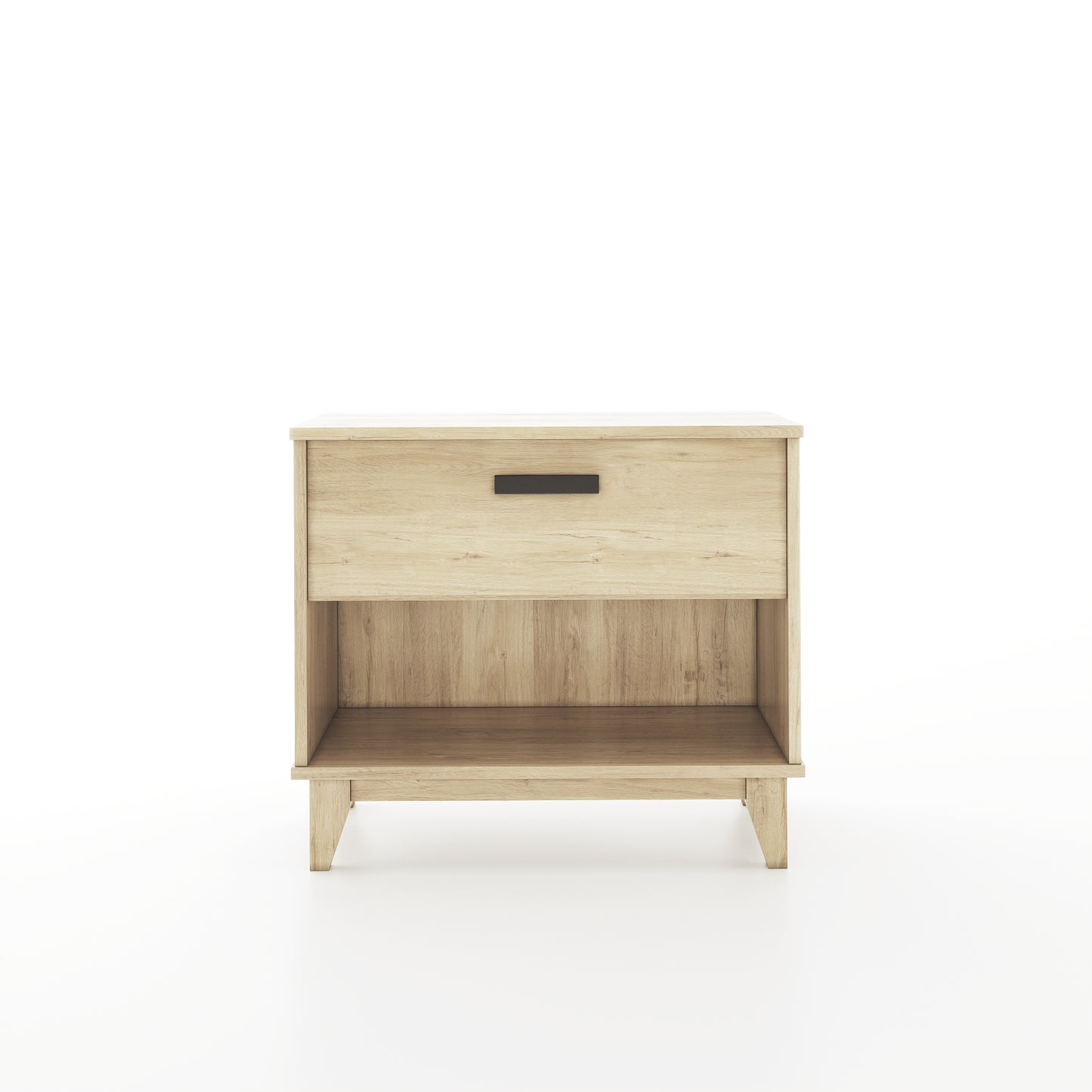 Face image of an oak nightstand with one drawer on a white background