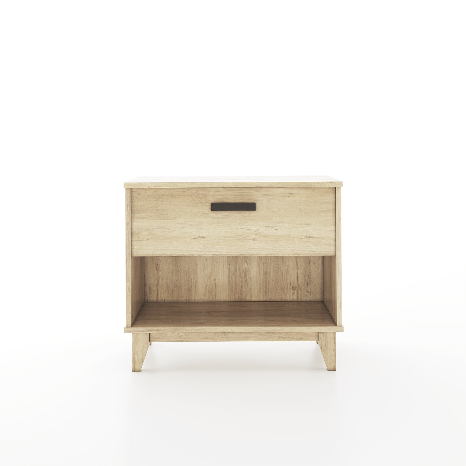 Face image of an oak nightstand with one drawer on a white background