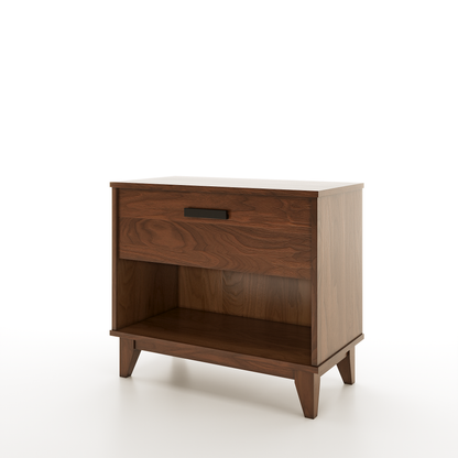 Angle view of a walnut nightstand with one drawer on a white background