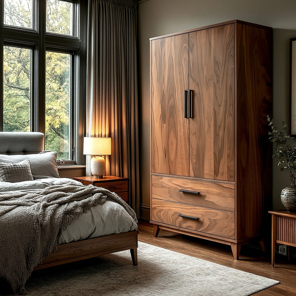 Wooden wardrobe in a bedroom with bed and lamp