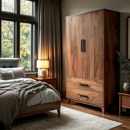 Wooden wardrobe in a bedroom with bed and lamp