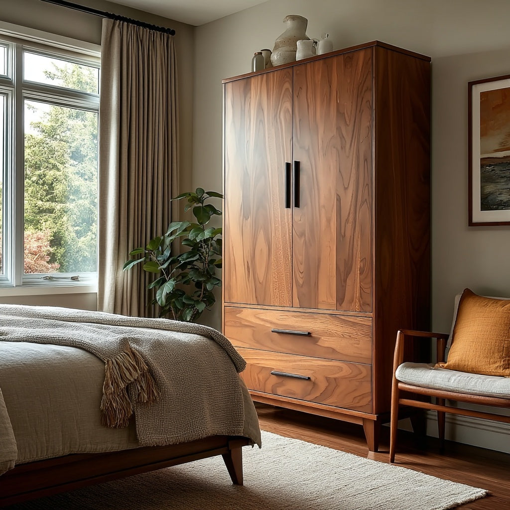 Wooden wardrobe in a bedroom with a bed and chair.