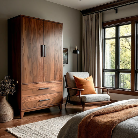 Wooden wardrobe in a bedroom with a chair and window