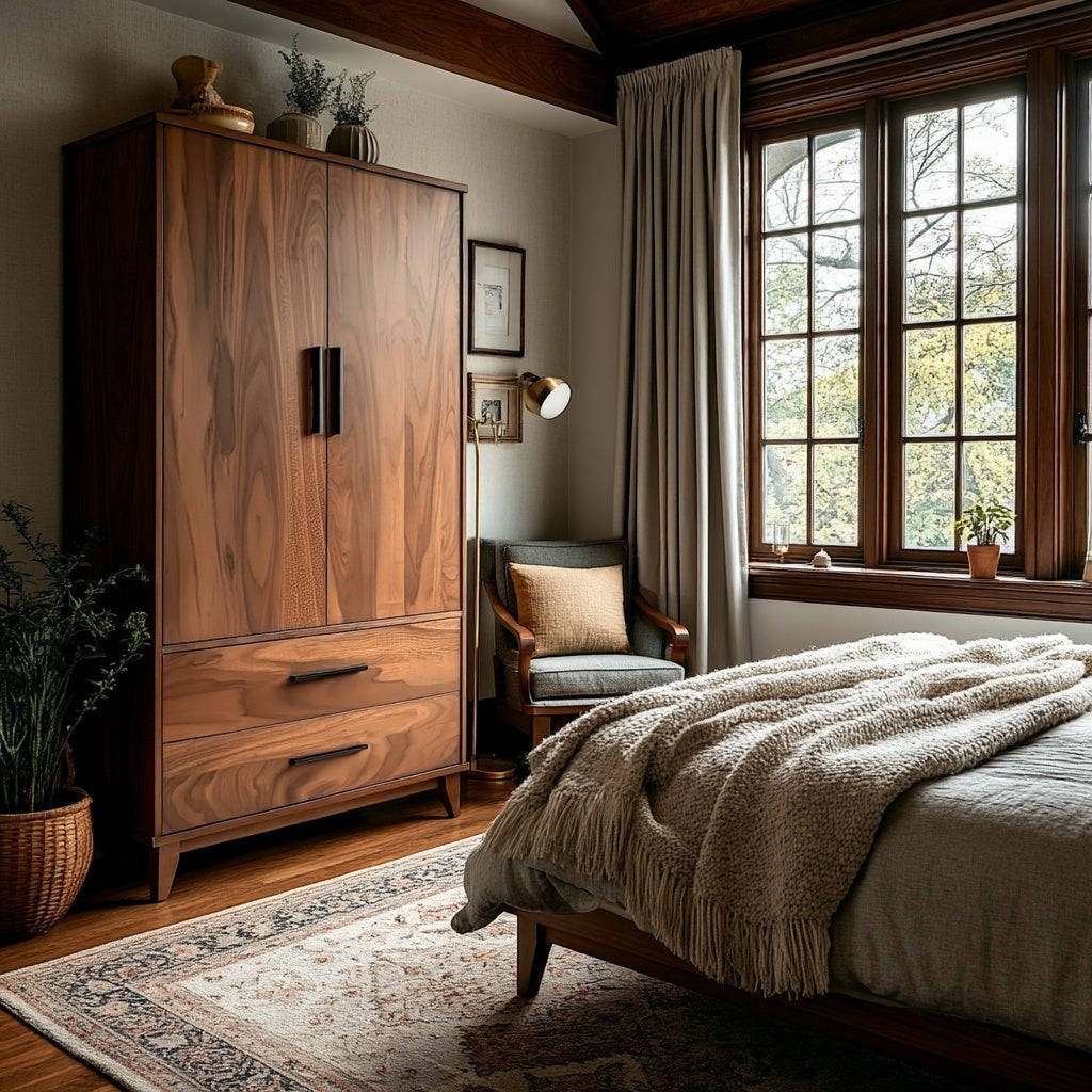 Nestled bedroom with walnut Astoria Armoire, armchair, and large window.