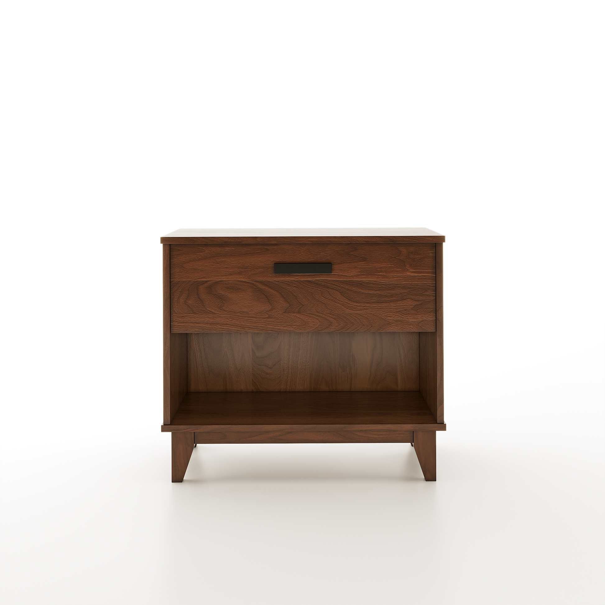 Face view of a walnut nightstand with one drawer on a white background