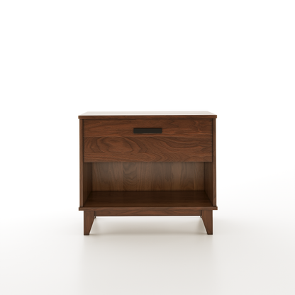 Face view of a walnut nightstand with one drawer on a white background