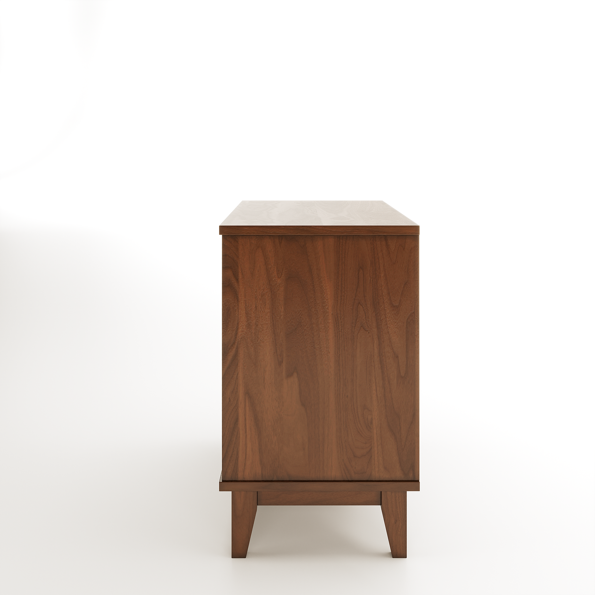 Side view of a walnut nightstand with one drawer on a white background
