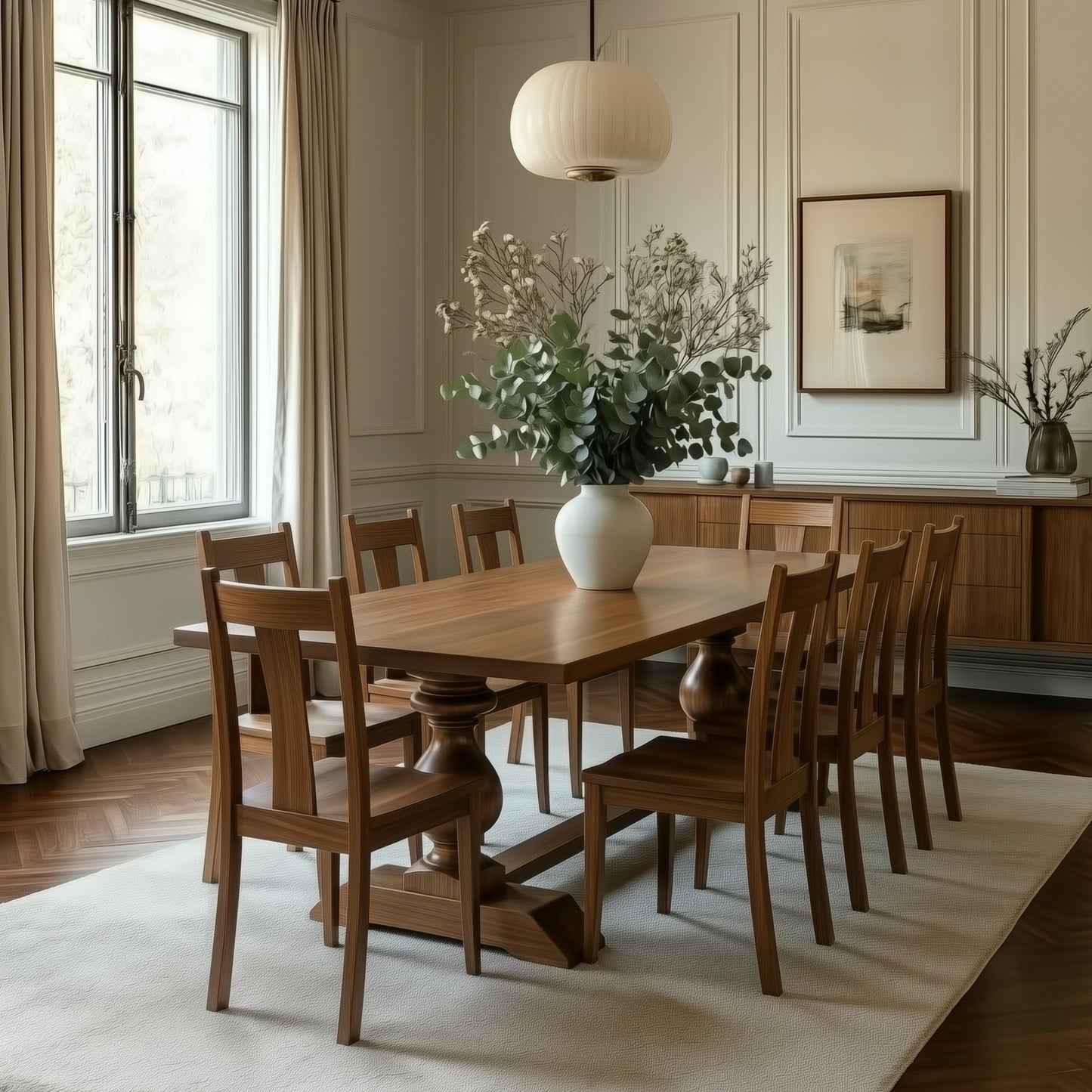 Dining room with wooden table and chairs, large window, and framed pictures on the wall.