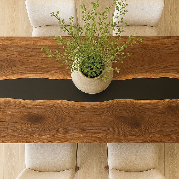 Top down view of a walnut dining table with an epoxy river running through the middle