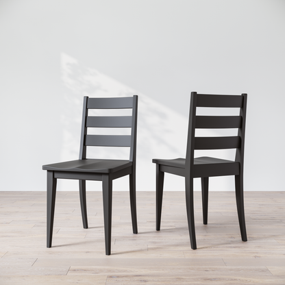 Two black wooden dining chairs featuring a simple, solid backrest and seat design on a light background.