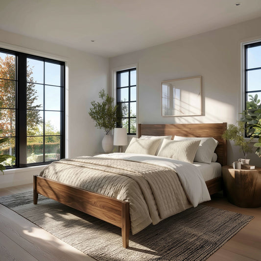 Modern bedroom with wooden bed, white bedding, and large windows.