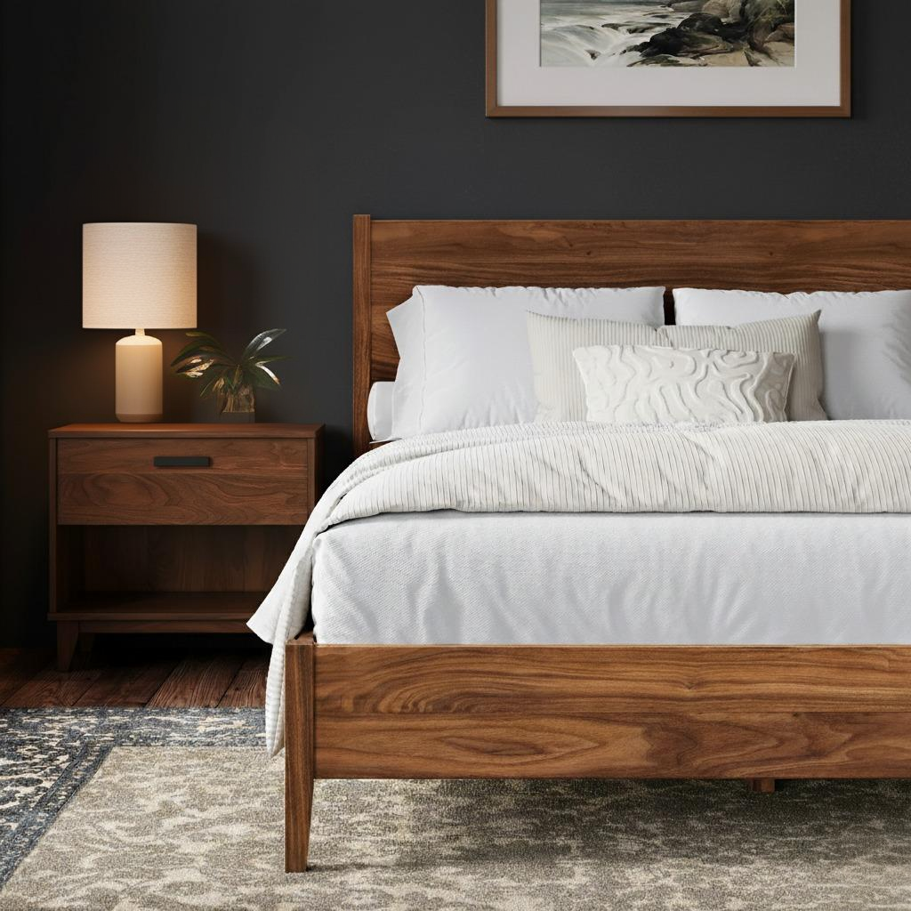 Wooden bed with white bedding in a bedroom setting with a side table and lamp.