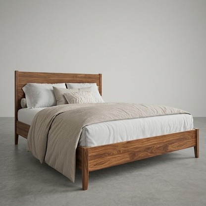 Wooden bed with bedding in a minimalistic room
