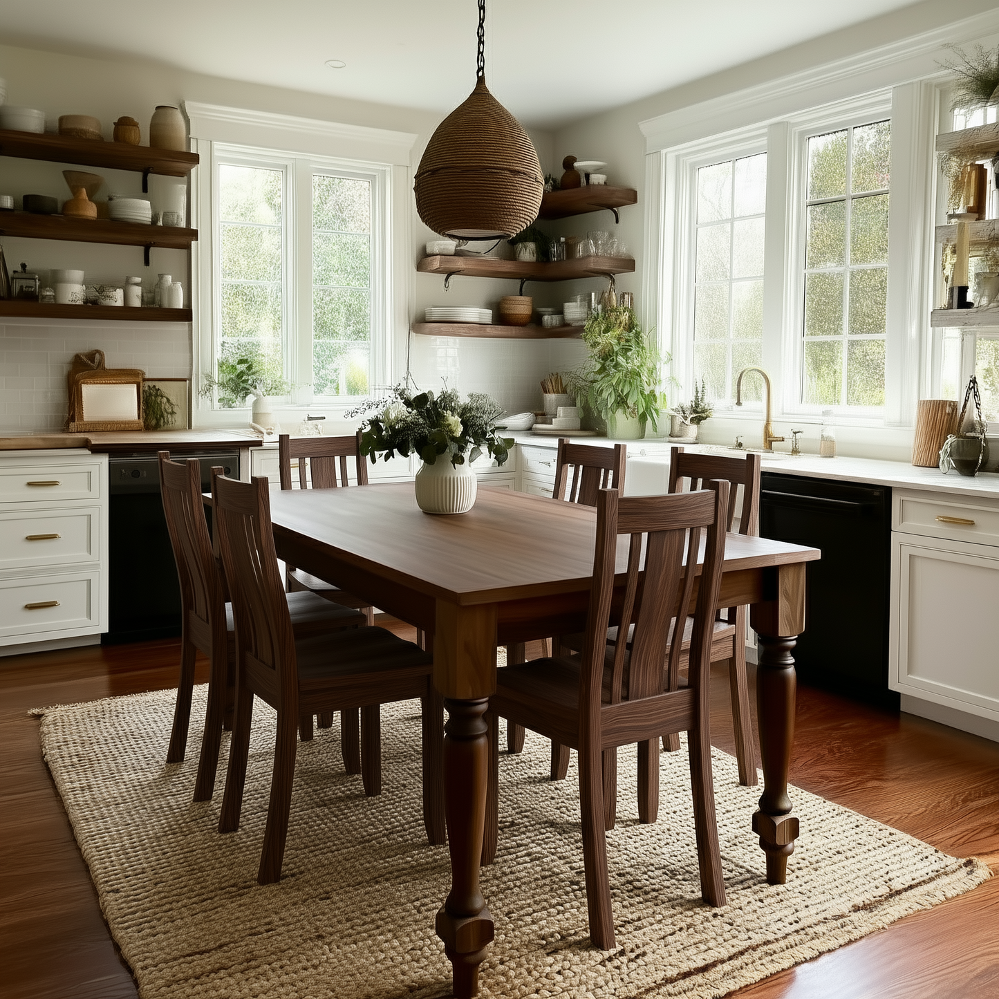 Dining room with wooden table and chairs in a bright kitchen.