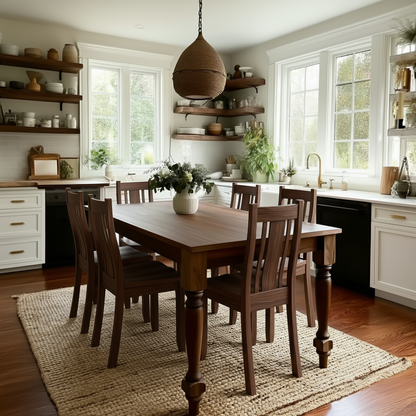 Dining room with wooden table and chairs in a bright kitchen.