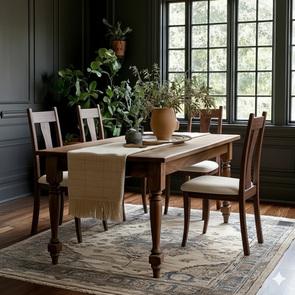Dining room with wooden table and chairs, plants, and large windows.