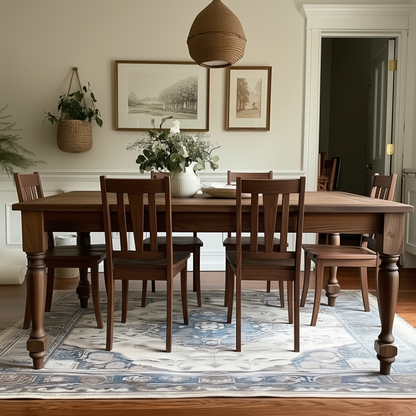 Dining room with wooden table and chairs on a patterned rug