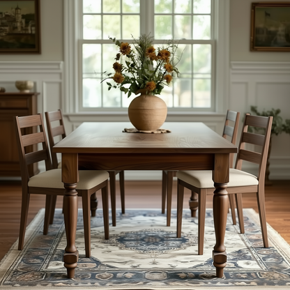 Dining room with wooden table and chairs, vase of flowers on the table.