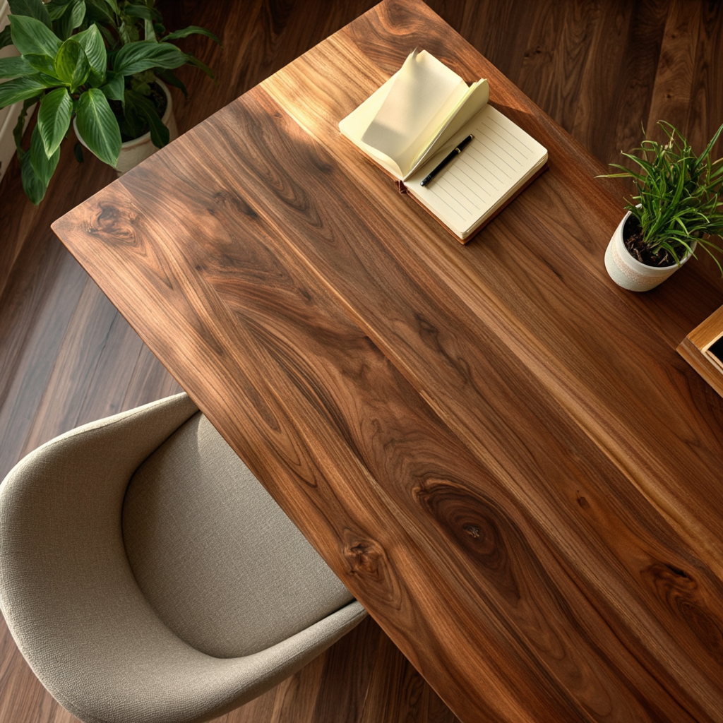 Wooden desk with a chair and plants in a home office setting
