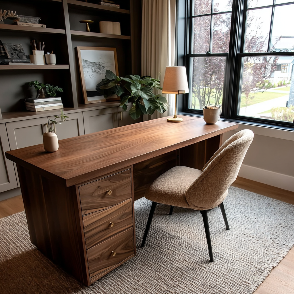 Wooden desk with chair in a home office setting