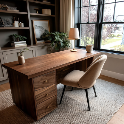 Wooden desk with chair in a home office setting
