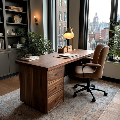 Wooden desk with office chair in a room with large windows and cityscape view