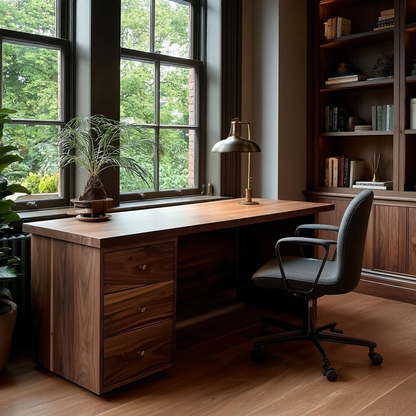Wooden desk with chair in a room with large windows and bookshelves.