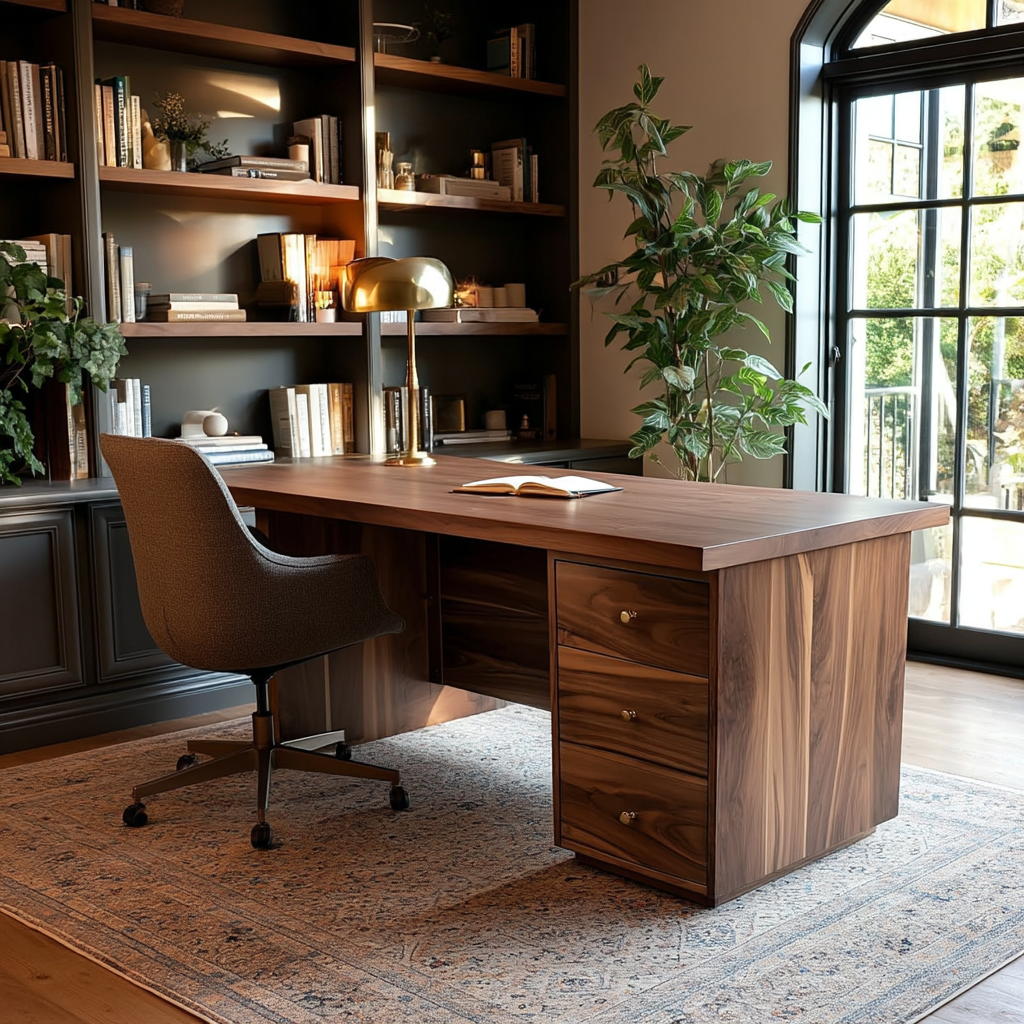 Wooden desk with chair in a home office setting with bookshelves and plants.