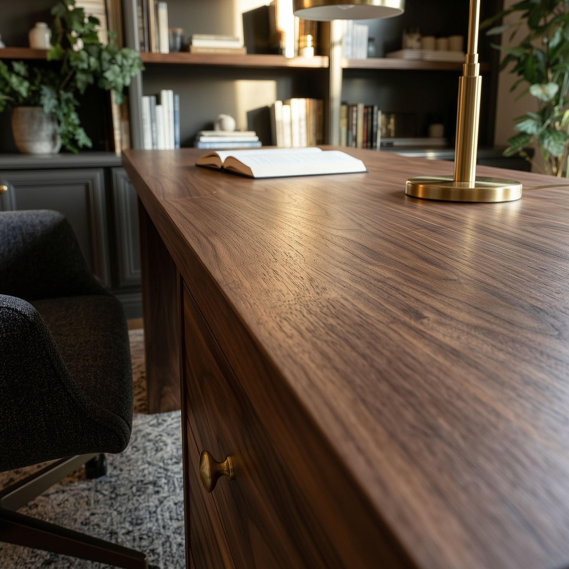 Close up view of a wooden desk with drawers in a well furnished office