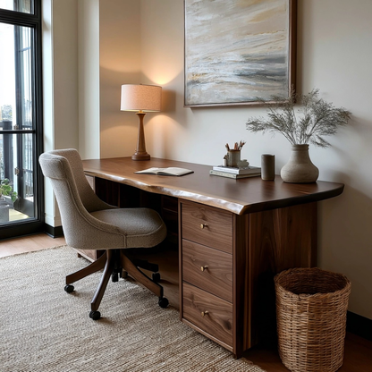 Wooden desk with chair in a home office setting