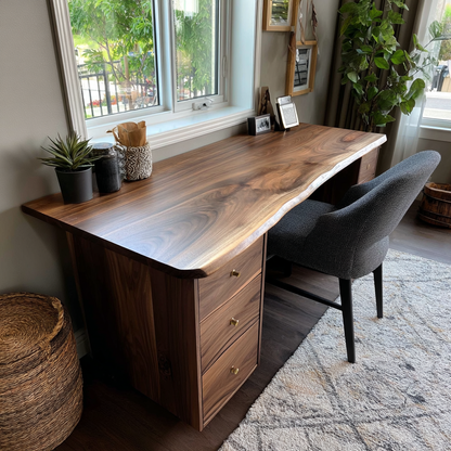 Wooden desk with a chair in a room with plants and a window.