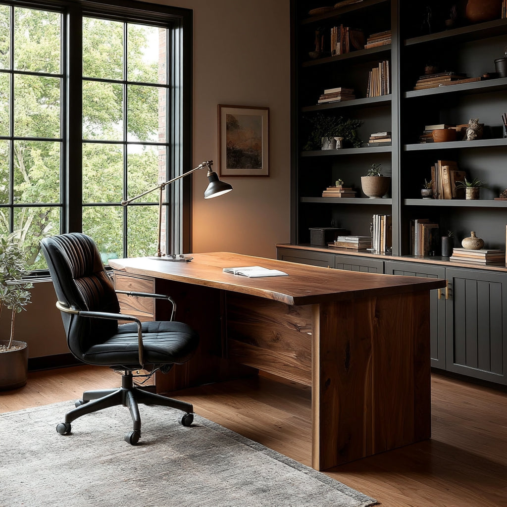 A live edge walnut desk with a black office chair in front of it, set in an office environment with bookshelves and a large window in the background.
