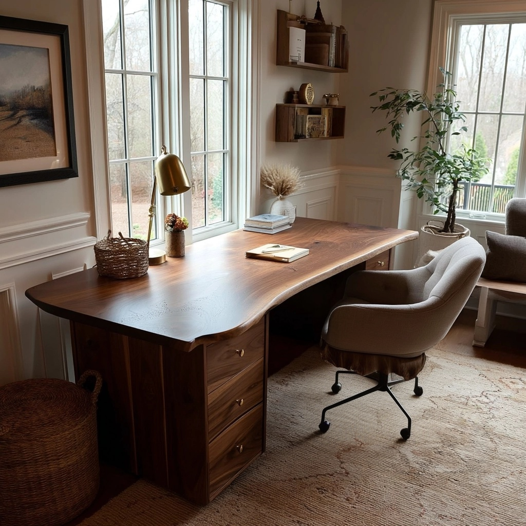 Home office with a large wooden desk, chair, and decorative items.