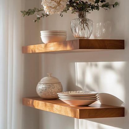 Two brown floating shelves mounted on a white wall, with decorative items and dishes placed on them.