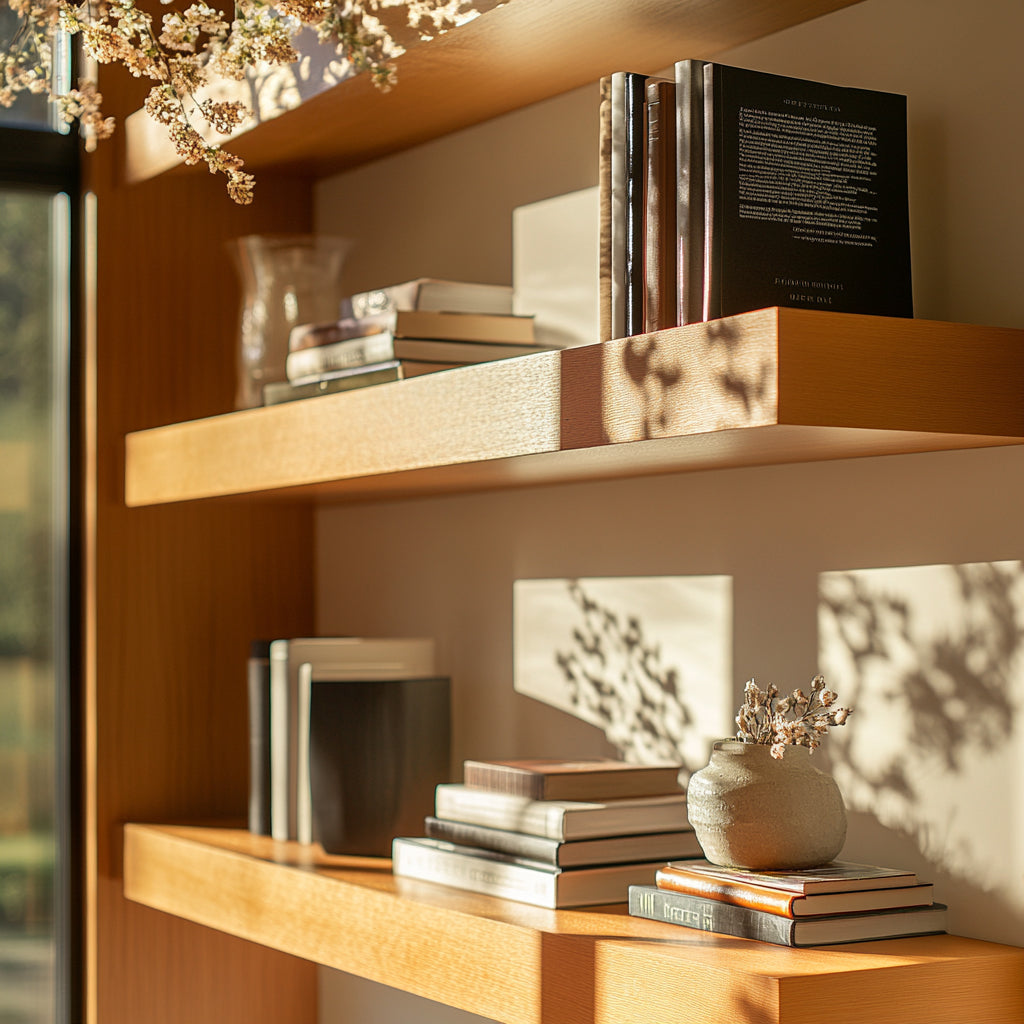 Cherry floating shelves mounted on a wall with bright sunlight casting shadows
