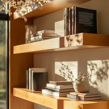 Cherry floating shelves mounted on a wall with bright sunlight casting shadows