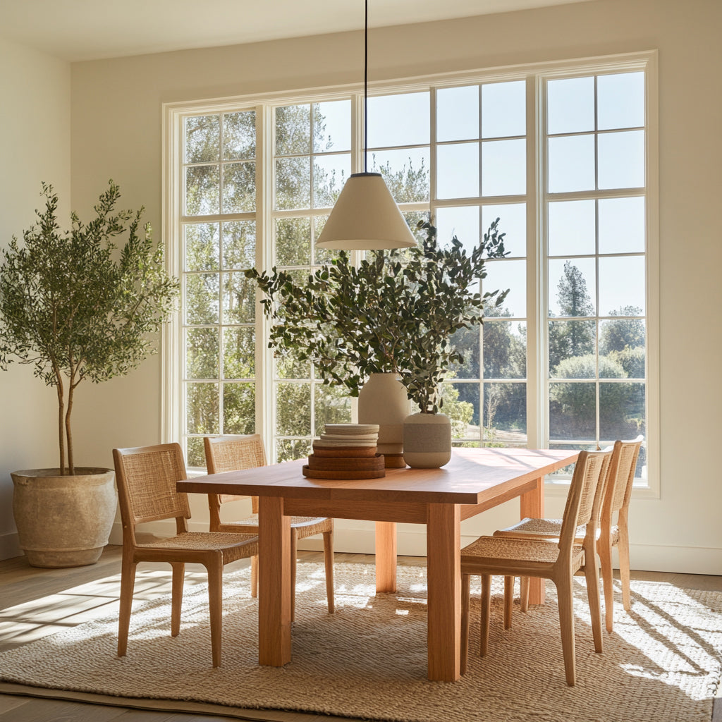 Cherry dining table in a well lit dining room with rattan chairs and a large window