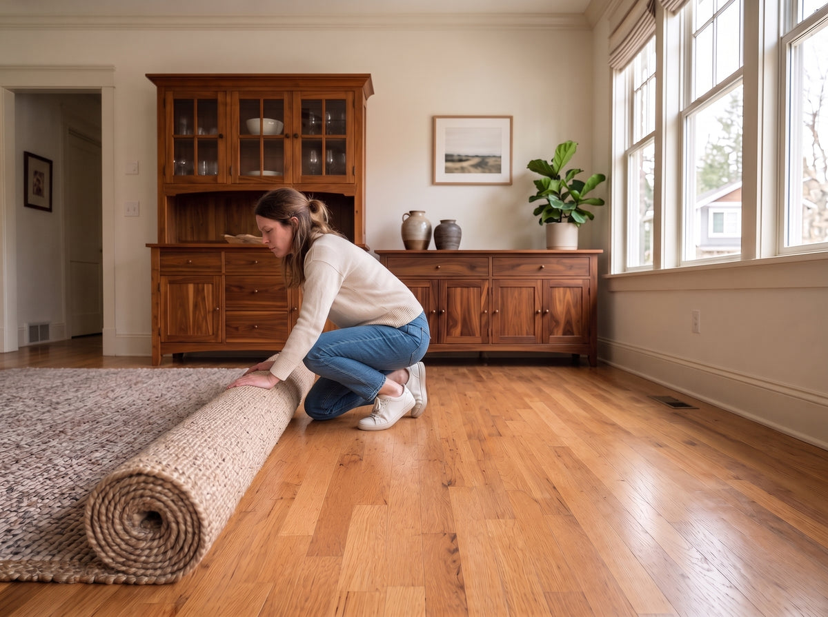A woman kneels on a hardwood floor in a bright living room, rolling up a large beige textured area rug. A wooden hutch and matching sideboard are visible in the background, along with a potted plant and large windows.