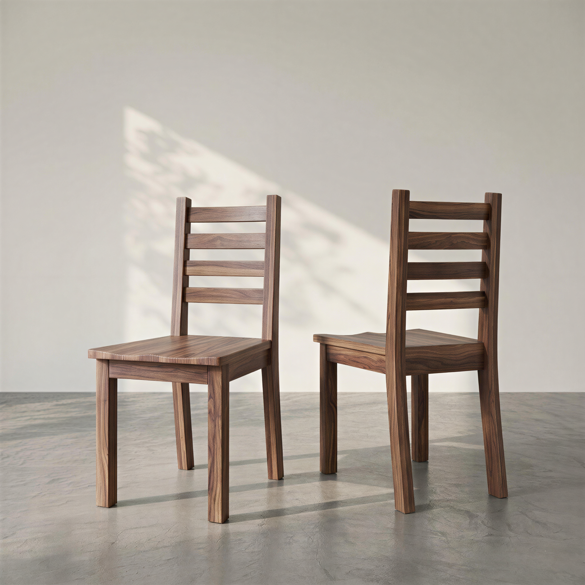 Two wooden chairs on a concrete floor with a light gray wall background