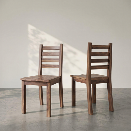 Two wooden chairs on a concrete floor with a light gray wall background