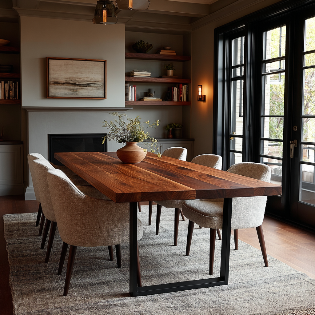 Dining room with a wooden table and chairs in a well-lit room.