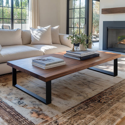 A rectangular Underhill Walnut Coffee Table with black steel legs, placed on a patterned rug in a living room setting, featuring items on top such as books and a plant.