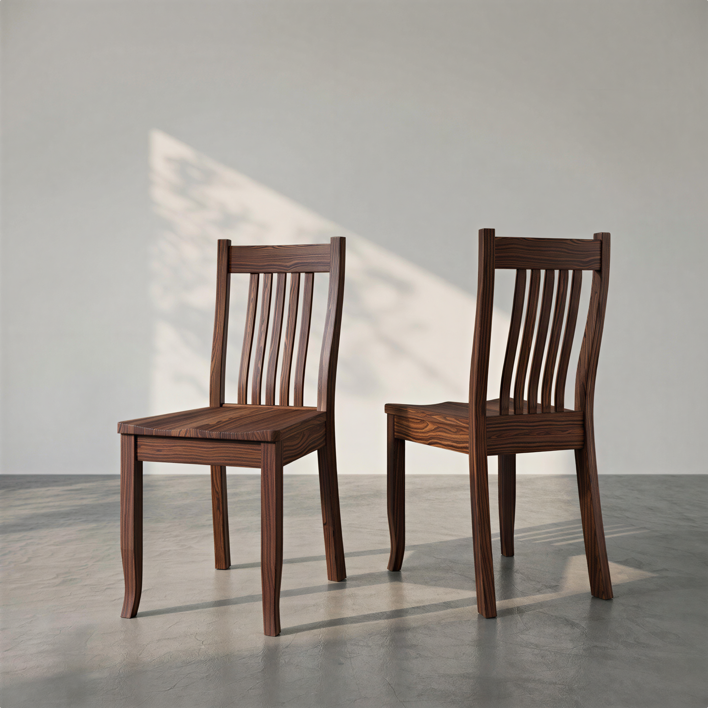 Two wooden chairs on a gray floor with a light gray wall background
