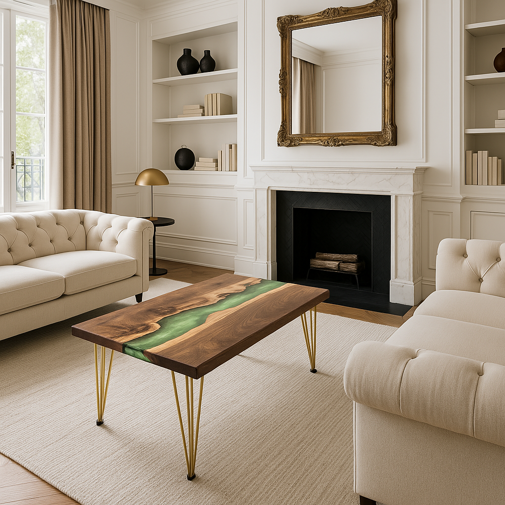 Epoxy Coffee Table With Hairpin legs in a brightly lit, upscale living room