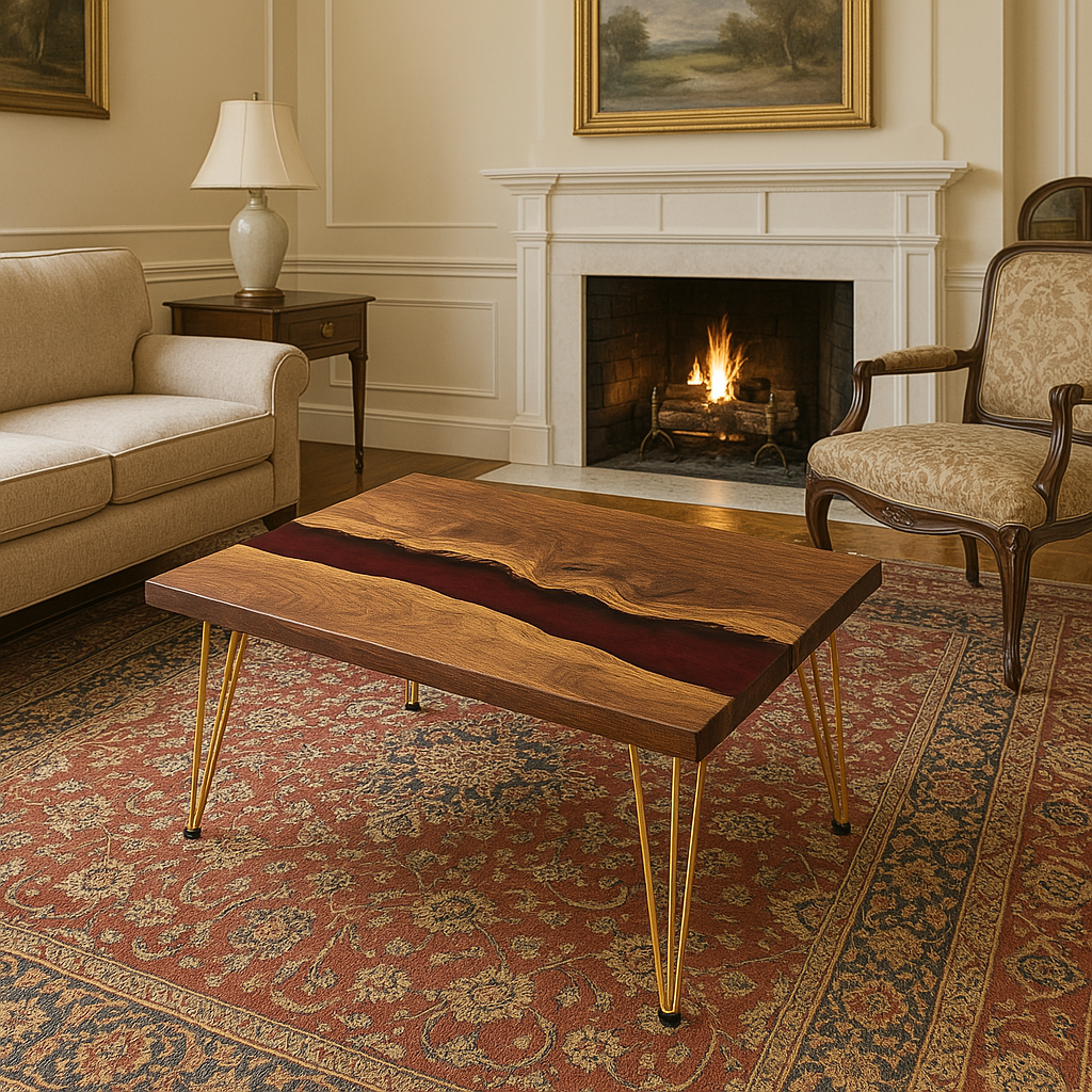 Epoxy Coffee Table With Hairpin legs in a brightly lit, upscale living room