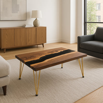 Epoxy Coffee Table With Hairpin legs in a brightly lit, upscale living room