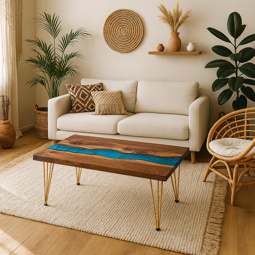 A rectangular epoxy coffee table with blue resin embedded in the center and hairpin legs, placed on a white rug in a cozy living room setting with a beige sofa and decorative items in the background.