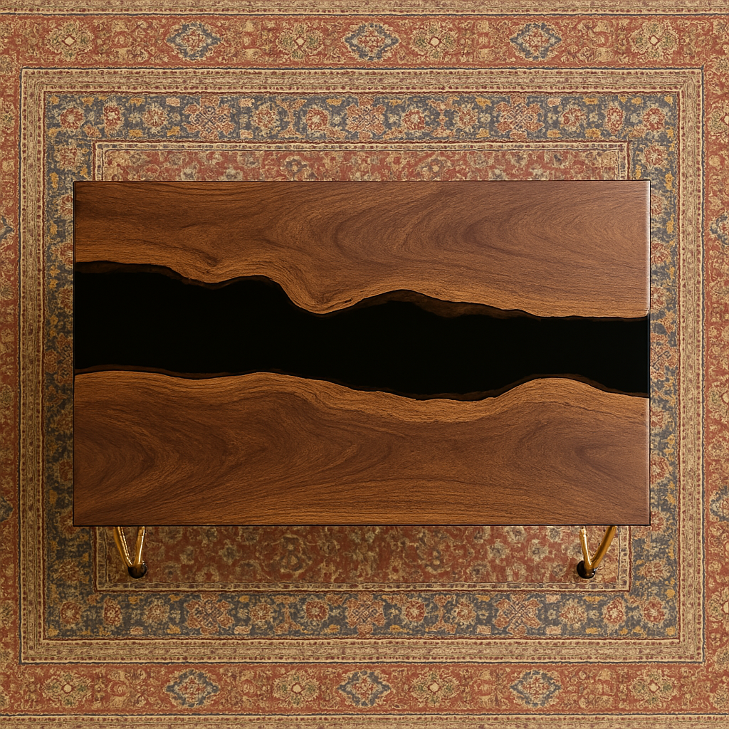 Top down view of a walnut coffee with epoxy running through the middle