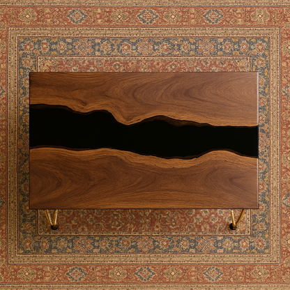 Top down view of a walnut coffee with epoxy running through the middle