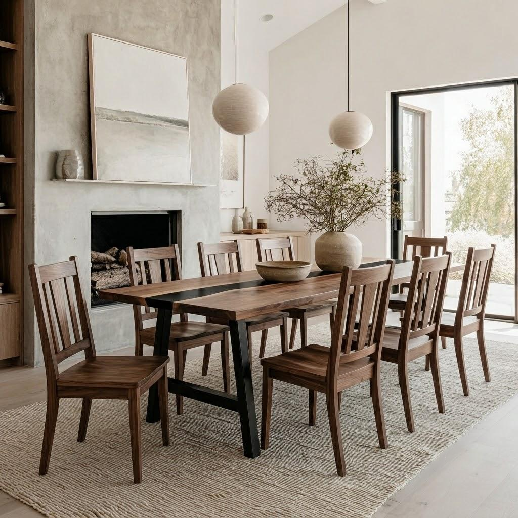 A dining room scene with a rectangular wooden table and matching wooden chairs arranged on a light rug in a bright, modern interior. Pendant lights, a fireplace, and large windows are visible in the background.